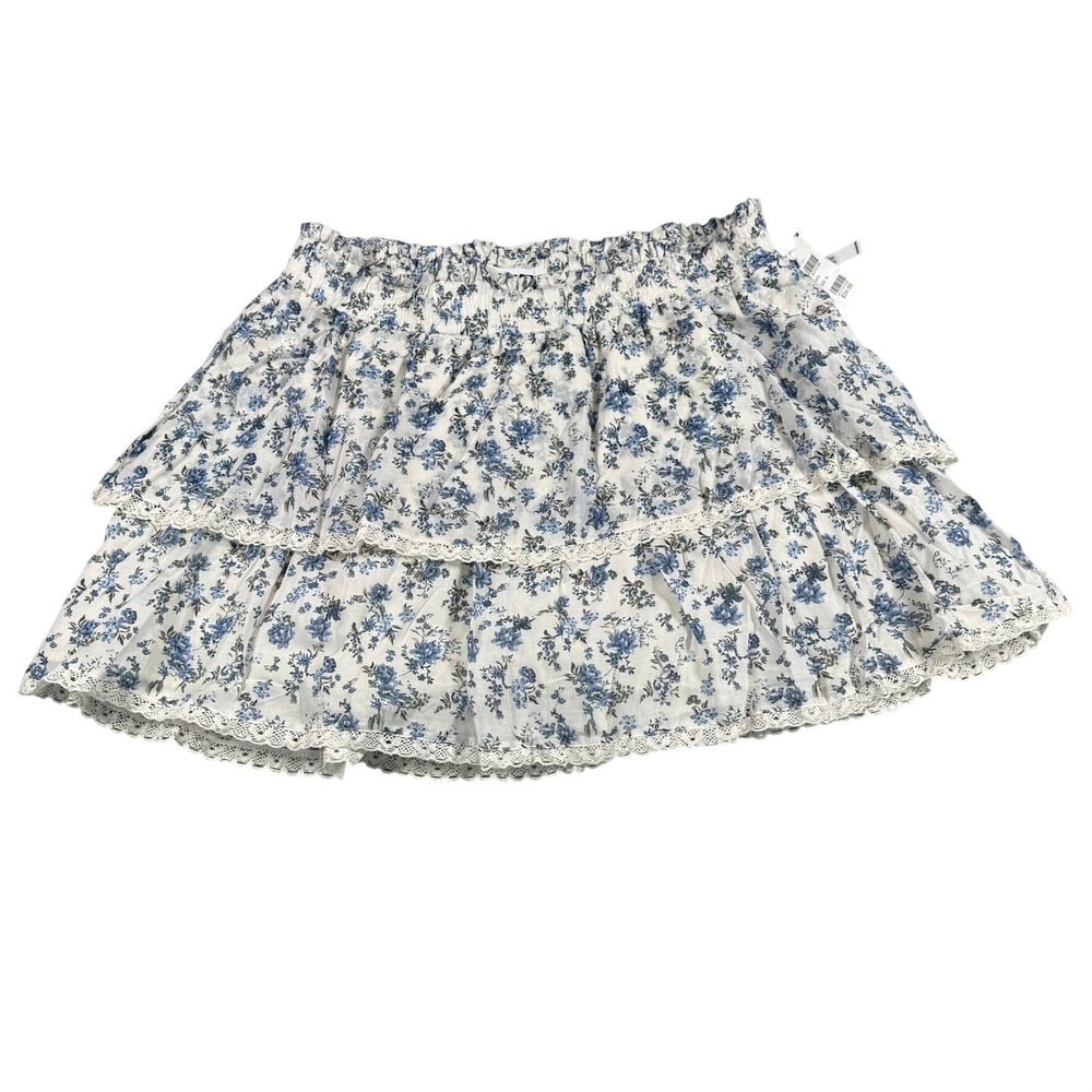 RSQ Womens XL Mini Skirt White Blue Floral Tiered Lace Boho Cottagecore Cotton
